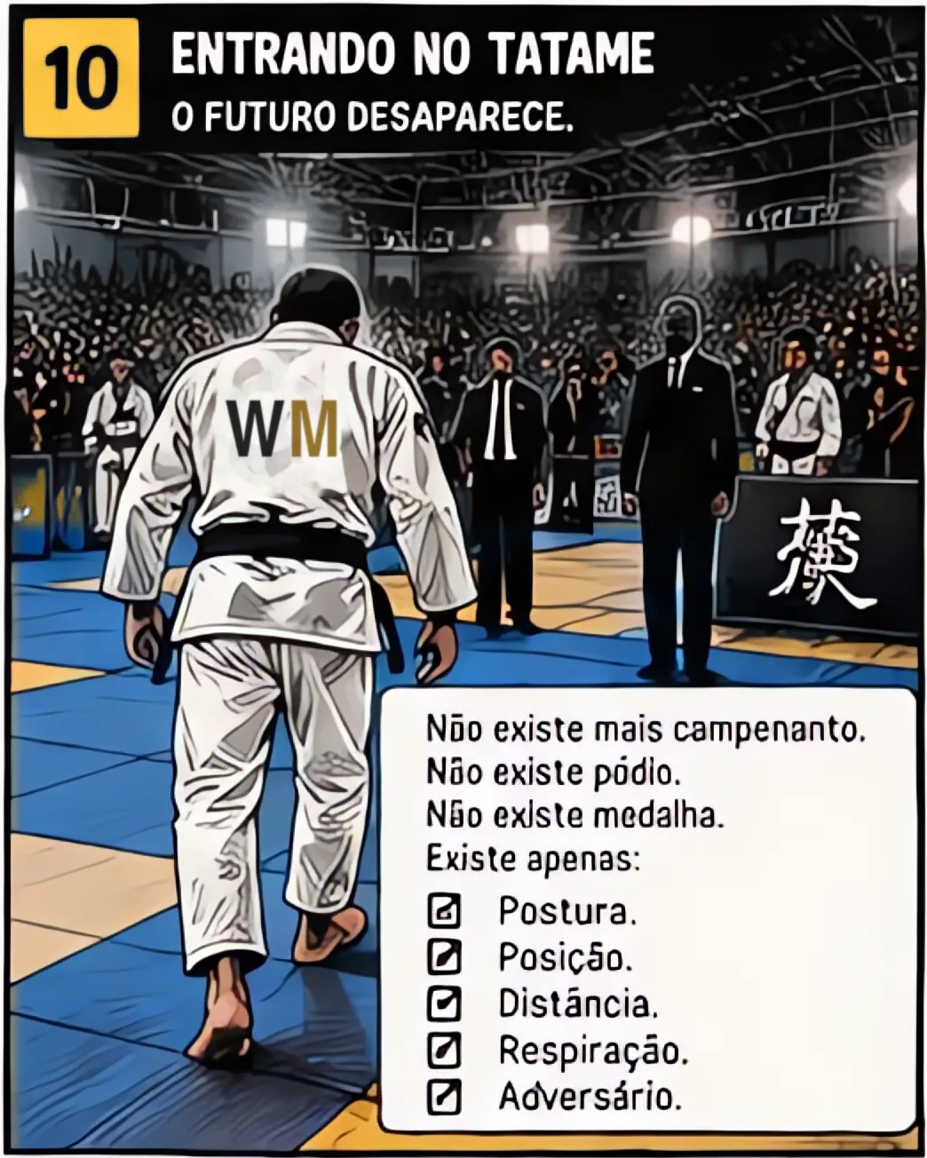 Quadro 10 do gibi: Entrando no tatame diante da arquibancada